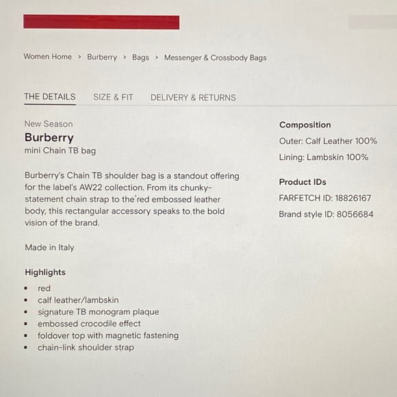 Burberry Dark Carmine Red Croc Embossed TB Chain Strap Crossbody Bag - Picture 13 of 15